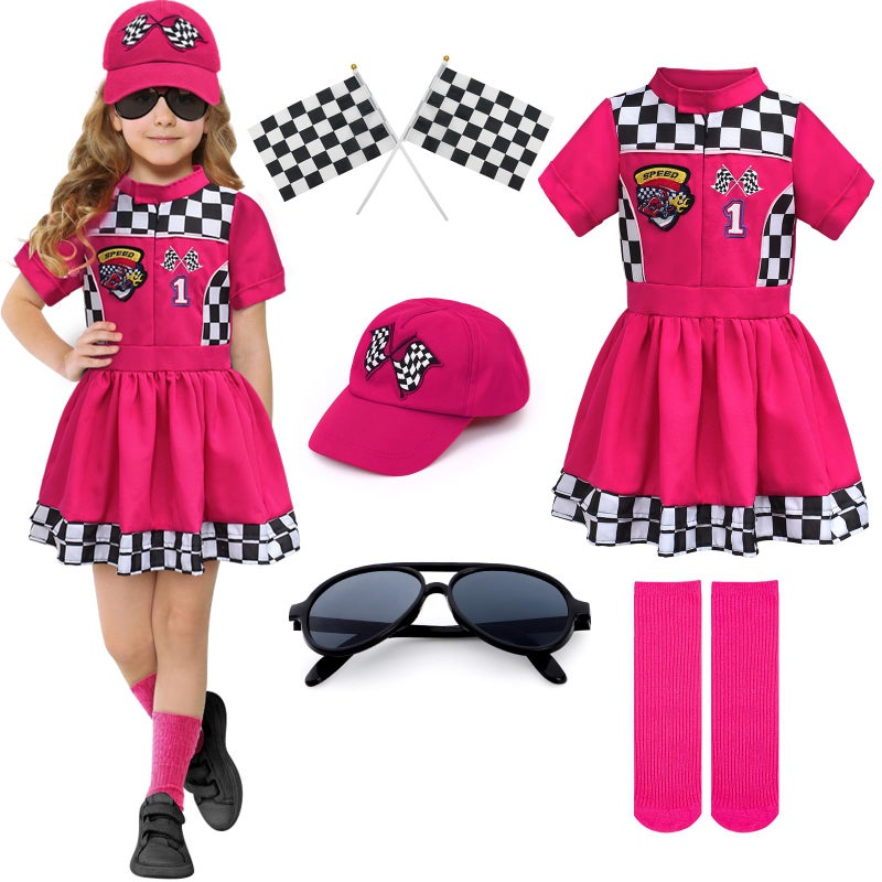 G.C 8pcs Kids Girls Race Car Driver Costume Toddler Racing Suit Rose Red Racer Dress Costumes Accessories Car Cap Knee Socks Sunglasses Flags Halloween Dress up Clothes (XS(4-6T)) - Image 1